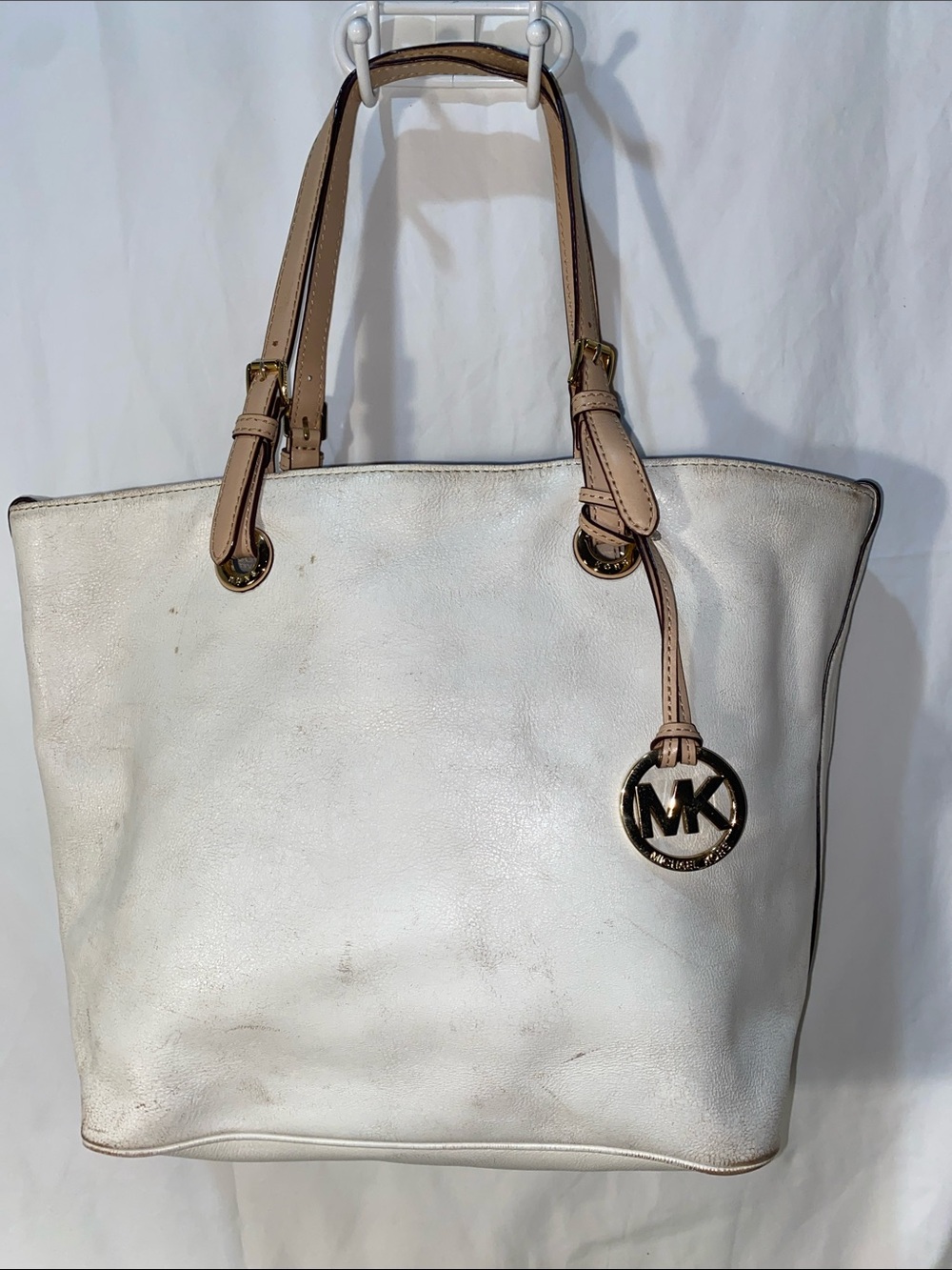 Michael Kors Jet Set East West White Leather Tote with Tan Straps Gold MK Charm
